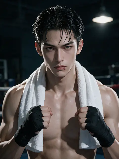 เท็น นักมวยพาดผ้าขนหนูบนไหล่ ในยิมยามค่ำ