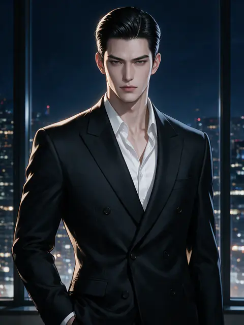 คิน ซีอีโอในสูทดำ ยืนข้างหน้าต่างออฟฟิศกลางคืน
