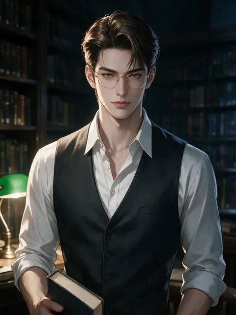 วิน อาจารย์มหาวิทยาลัยสวมแว่นทอง ถือหนังสือในห้องสมุด