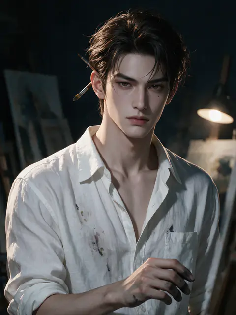ณัฐ จิตรกรในเสื้อลินินเปื้อนสี ในสตูดิโอ